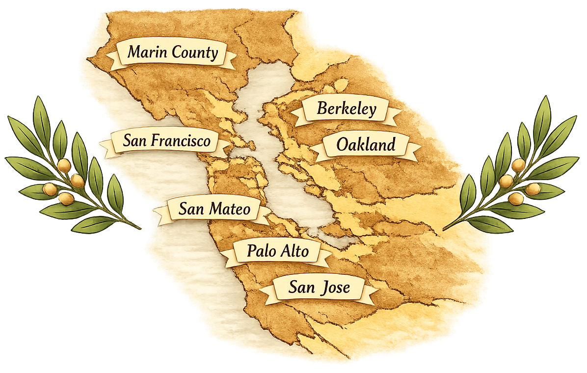 Illustrated map of Bay Area service locations including Marin County, San Francisco, Berkeley, Oakland, Palo Alto, and San Jose